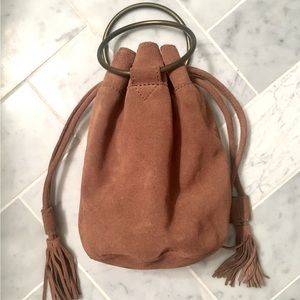 Brown Suede Bucket Bag Pouch Drawstring Purse WORLD MARKET